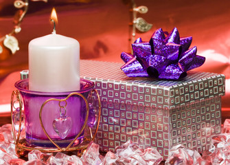 Wall Mural - violet candle with heart and gift box