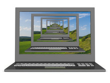 Recursive 3D  Image Of Laptops With A Landscape On The Screen..