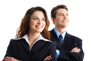 Wall Mural - Young smiling  business woman and business man.