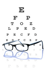 Eye glasses reflected, with optometrist chart on background.