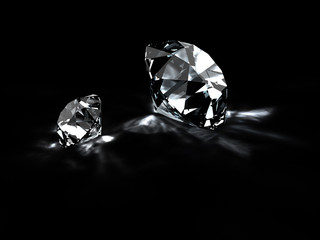 Diamonds with reflections isolated on black. 3D render.