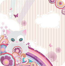 Cartoon Background With Flowers Rainbow And Kitty