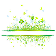 Wall Mural - Grass green, summer background, flowers and butterflies