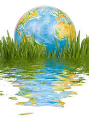 the globe in a green grass.