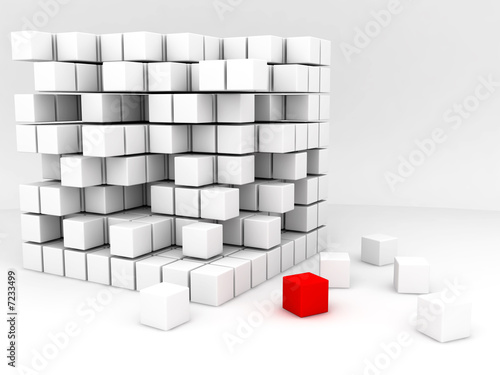 one red and many white cubes