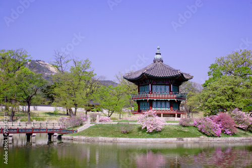 an old pavilion at Kyoungbok Palace in Seoul, Korea. Poster