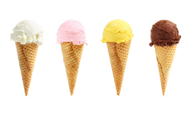 Assorted ice cream in sugar cones