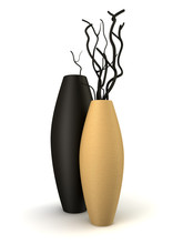 Two Brown And Black Vases With Dry Wood Isolated On White