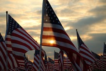 American Flags At Sunset
