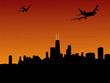 planes leaving Chicago at sunset