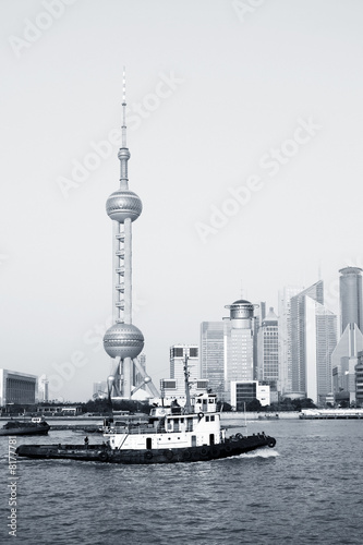 Board z aluminiowym obramowaniem Pudong skyline z perłą wieża, Szanghaj, Chiny