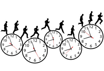 Wall Mural - Business men in a hurry run & walk on time clocks