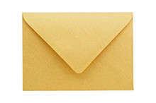 Golden Envelope On White Background, Close Up, Studio Shot.