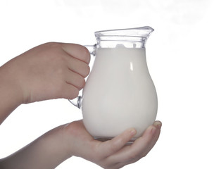 pouring milk in a glass isolated against white background