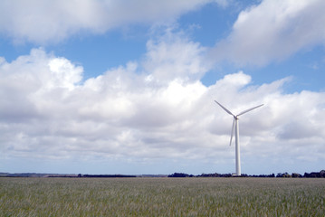 Wind Turbines in the grass with blue cloudy sky