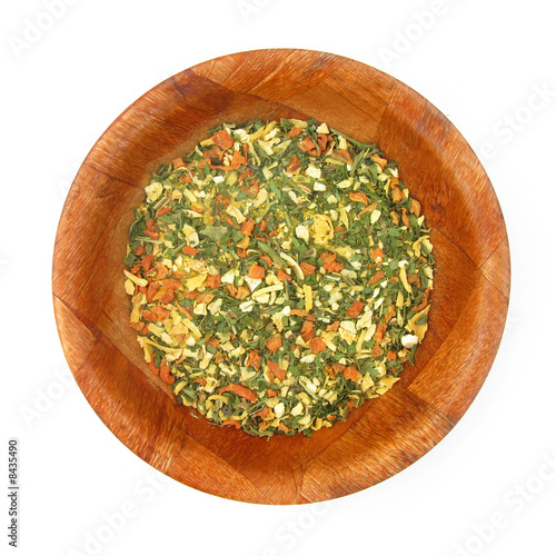Vegetables and spices dried condiment in wooden dish Poster