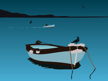 Fishing Boat, Night Scene. Vector Illustration