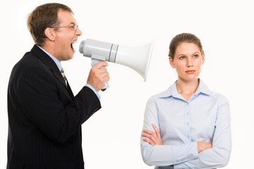 Poster - Portrait of angry boss shouting at his secretary