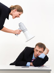 Poster - Portrait of businessman sleeping at workplace