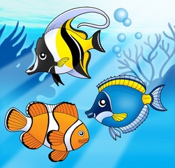 Sticker - Coral fish collection in blue sea - color illustration.