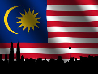 Wall Mural - Kuala Lumpur skyline with rippled Malaysian flag illustration