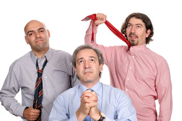 Unhappy business team, manager praying for better days