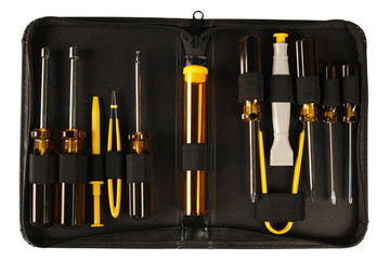 A open tool kit, with screwdrivers and pliers and other items