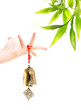 Leinwandbild Motiv Hand holding golden bell and bamboo plant in the corner