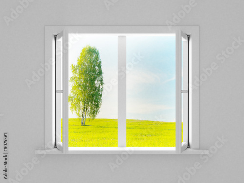 Plakat na papierze fotorealistycznym Krajobraz za otwartym oknem. 