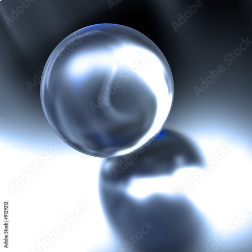 Abstract dark metallic sphere on a blue reflective background