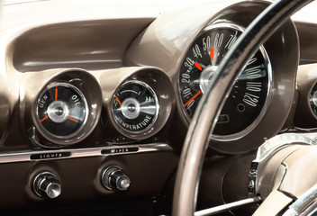 View of the interior of an old vintage car