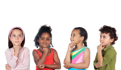 Poster - multiethnic group of children thinking a over white background