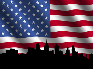 Wall Mural - Philadelphia skyline with rippled American flag illustration