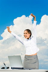 Sticker - Portrait of joyful business woman raising her hands outside