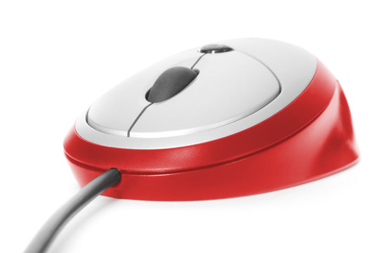 macro red computer mouse on white background