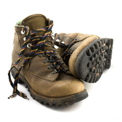 pair of old, well-worn, hiking boots,