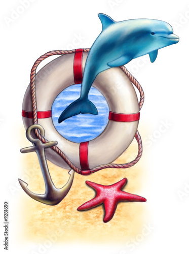 Fototeppich - Sea themed composition including a dolphin and a starfish. (von Andrea Danti)