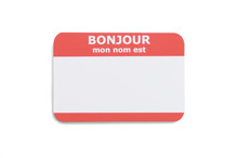 French Hello Name Tag Isolated On White Background
