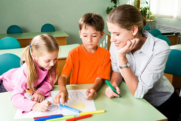 Sticker - Image of confident teacher looking at girl’s picture