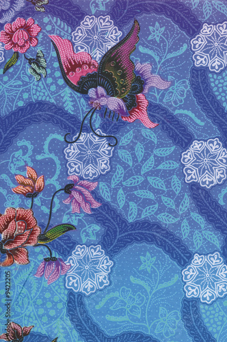 Blue Batik Sarong with butterfly and floral motif Poster