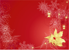 Red Abstract Background With Poinsettia And Snowflakes.