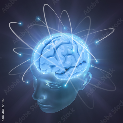 Electrons revolve around the brain. Concept of idea. Poster