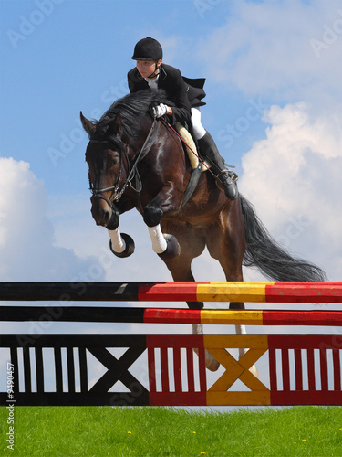 Plakat na papierze fotorealistycznym Show jumping - kobieta i koń
