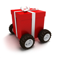 Wall Mural - Red gift box with white ribbon on wheels