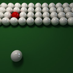 Billiard game with lots of white balls and a red one