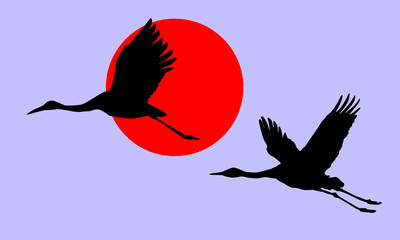 Wall Mural - illustration of the cranes in sky on background red sun