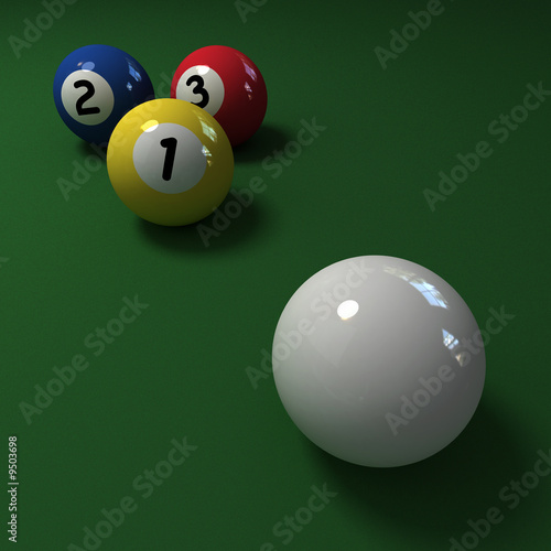 Three billiard balls with numbers one, two, three,