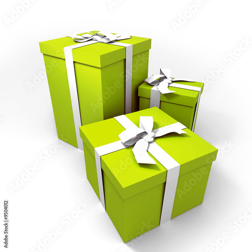 Fotografía three Big green gift boxes with a white ribbons