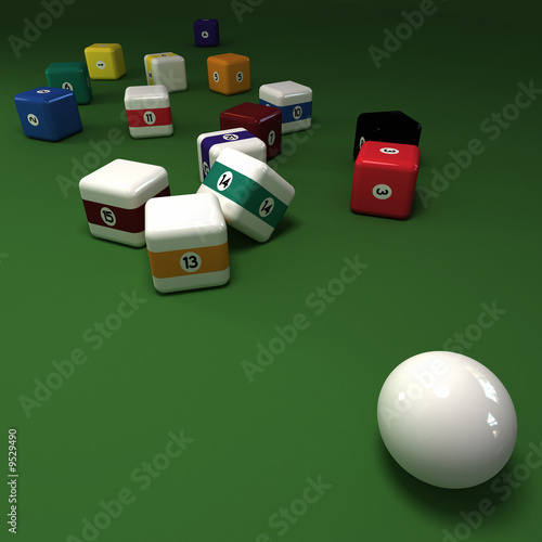 Cubic billiards balls on a green felt table