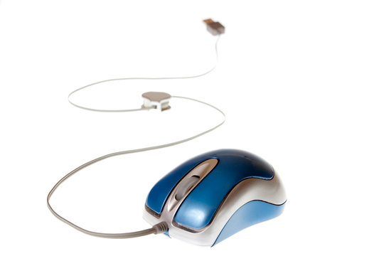 Blue usb mini mouse on a white background